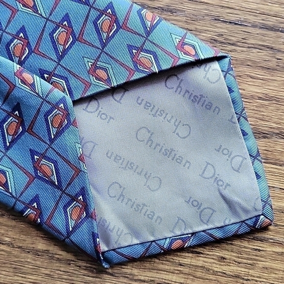 Christian Dior Monsieur Vintage All Silk Blue Gray Geometrical Abstract Necktie - Picture 4 of 10